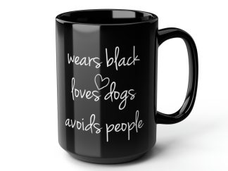 Wears Black Loves Dogs Black Mug, 15oz